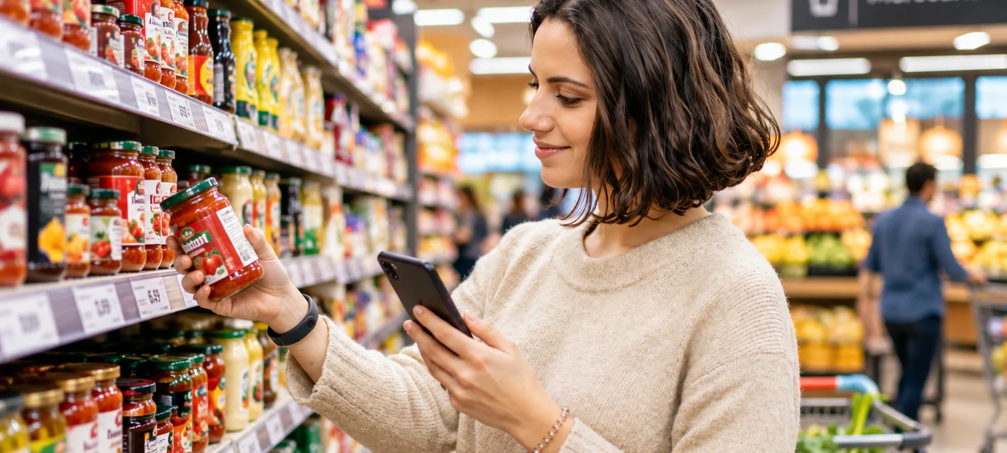 Cliente avalia um produto na prateleira enquanto faz compras em um supermercado atacadista.