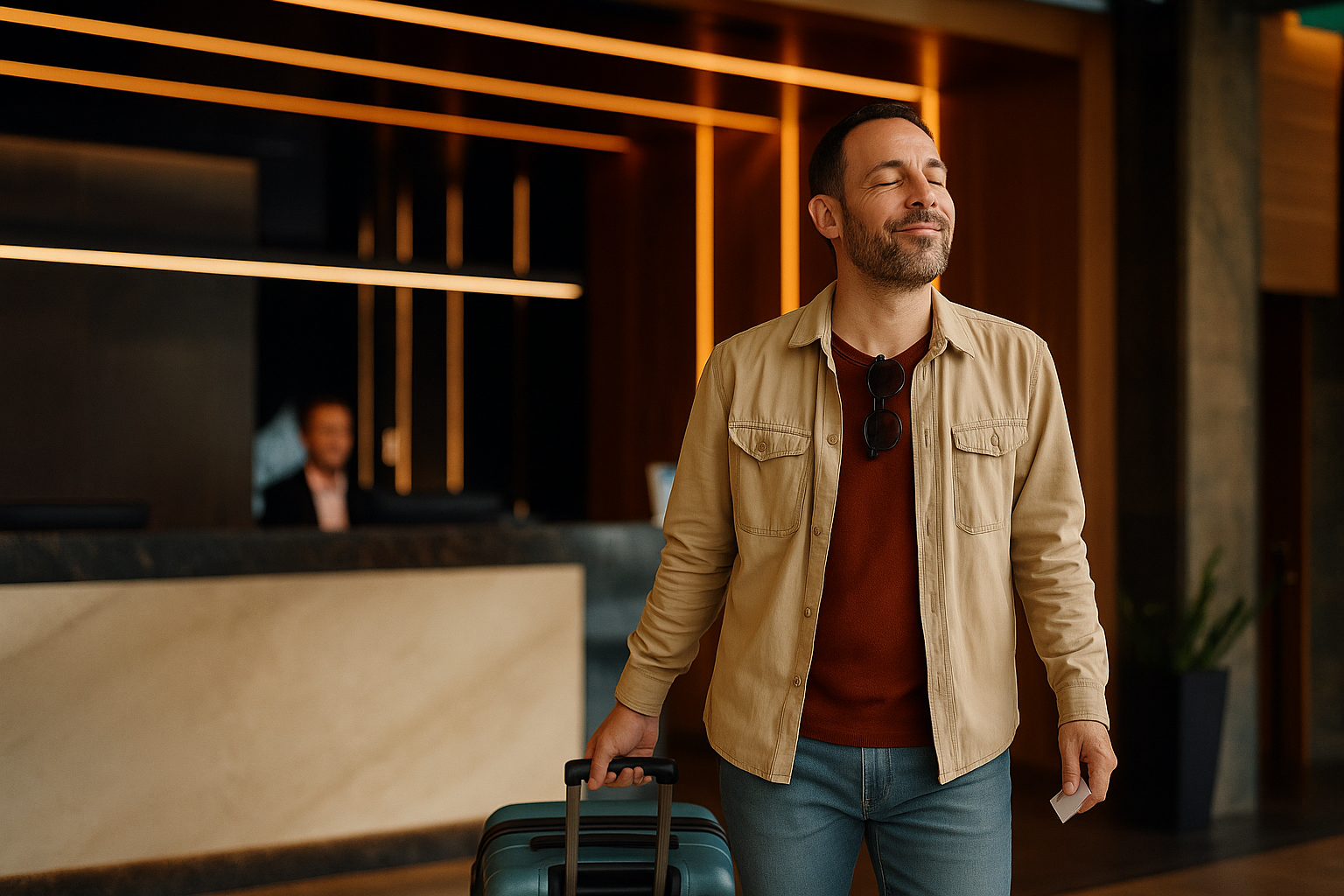 Homem aprecia aroma de marketing olfativo em lobby de hotel