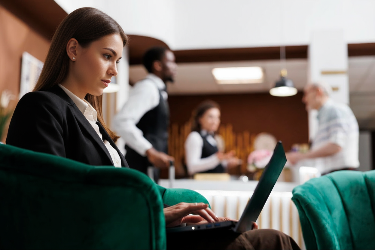 Hóspede utilizando laptop em hotel com conectividade premium GPON